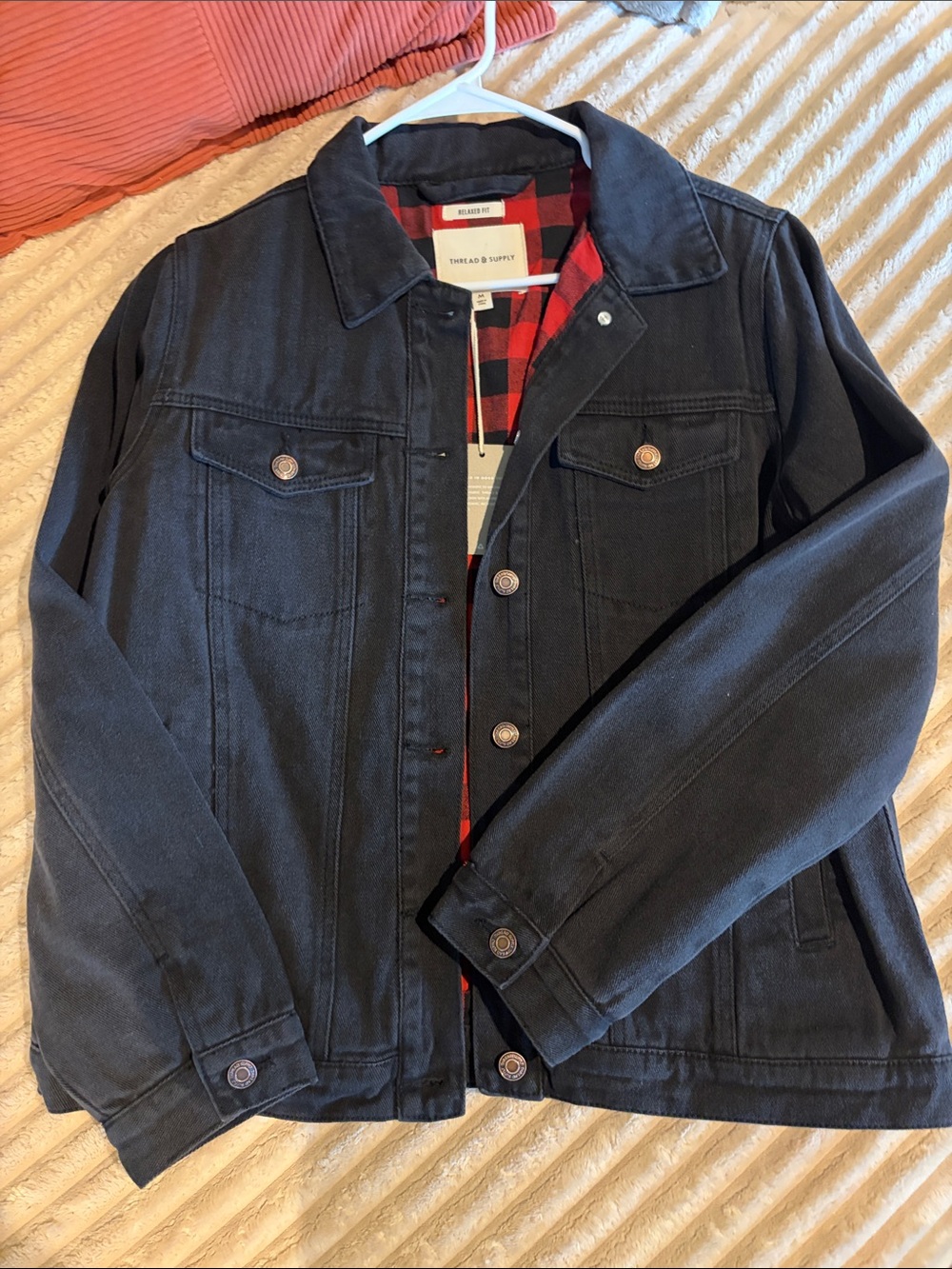 Thread & Supply Men's Black Jacket with Red Plaid Lining